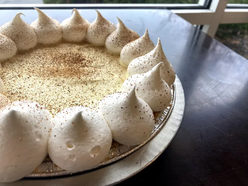 Eggnog cream pie dusted with nutmeg, a holiday special